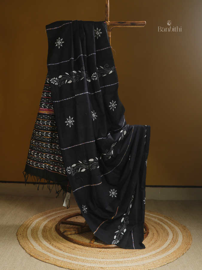 Midnight Black Kantha Cotton Saree