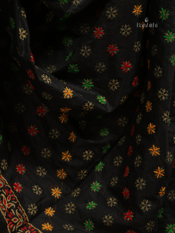 Hand Embroidered Saree – Black with Multicoloured Thread