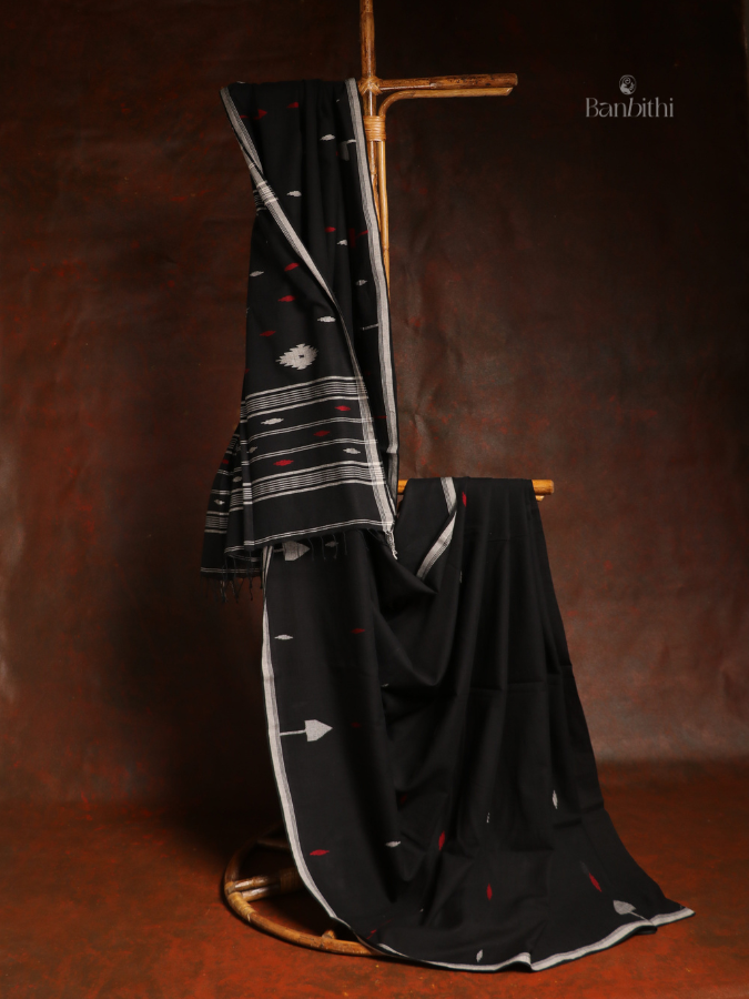 Pure Cotton Hand-Spun Jamdani Saree – Black