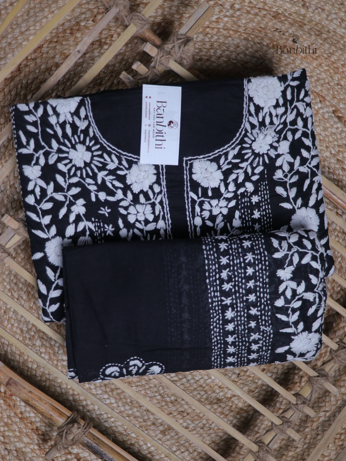 Hand Embroidered Cotton Suit Set – 3 Pcs Black and White