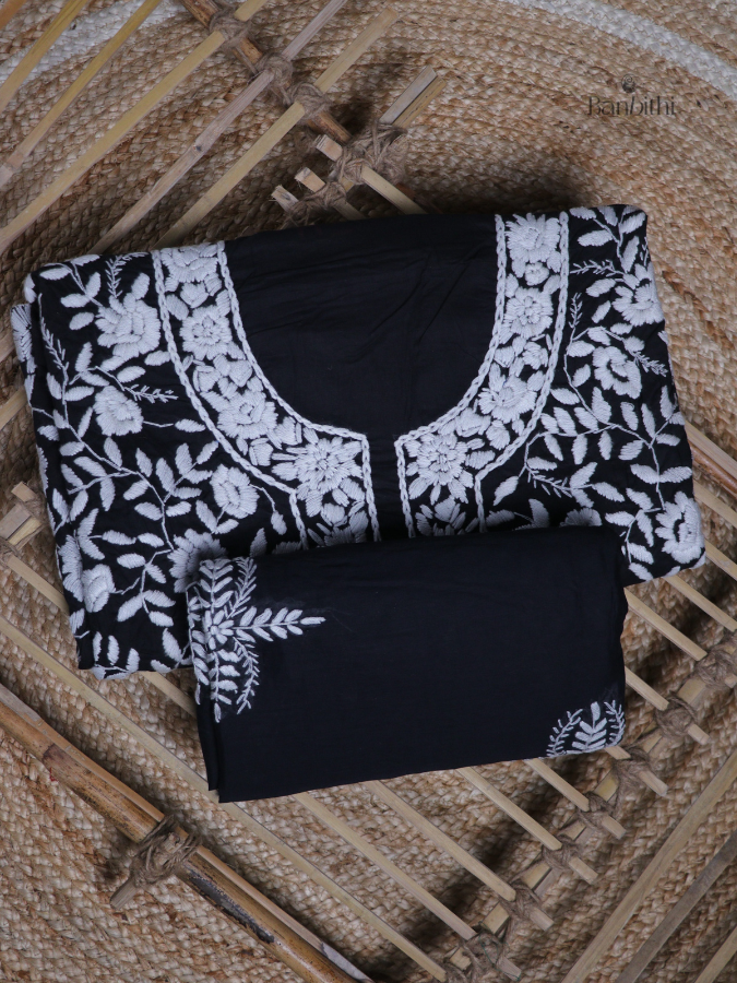 Hand Embroidered Cotton Suit Set – 3 Pcs Black and White (Variant 1)