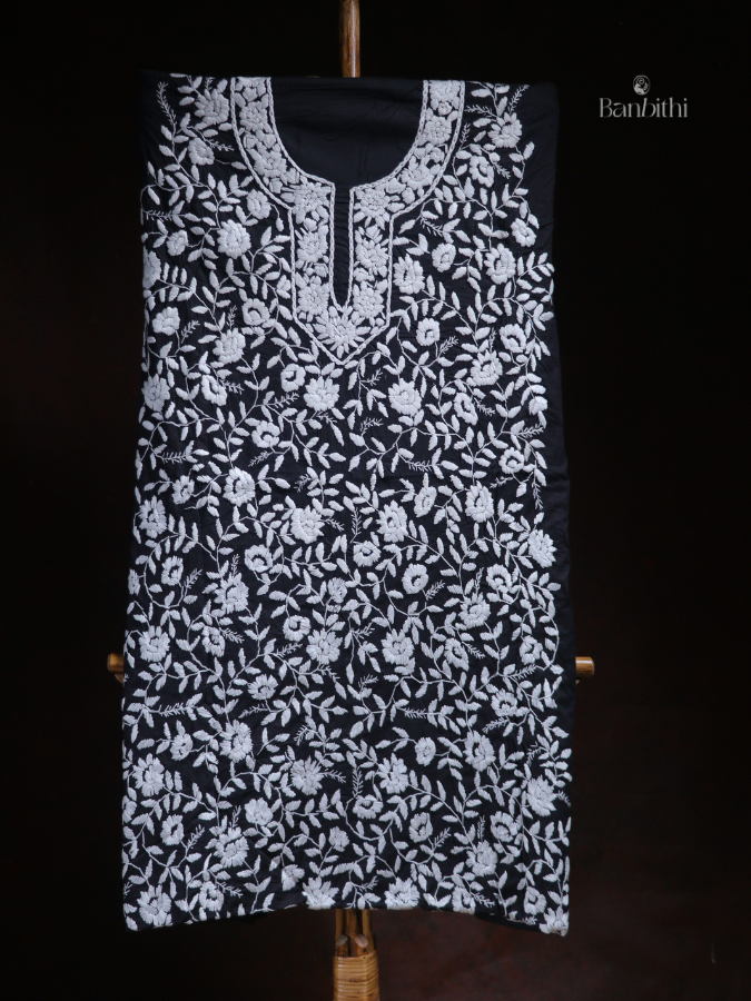 Hand Embroidered Cotton Suit Set – 3 Pcs Black and White (Variant 1)