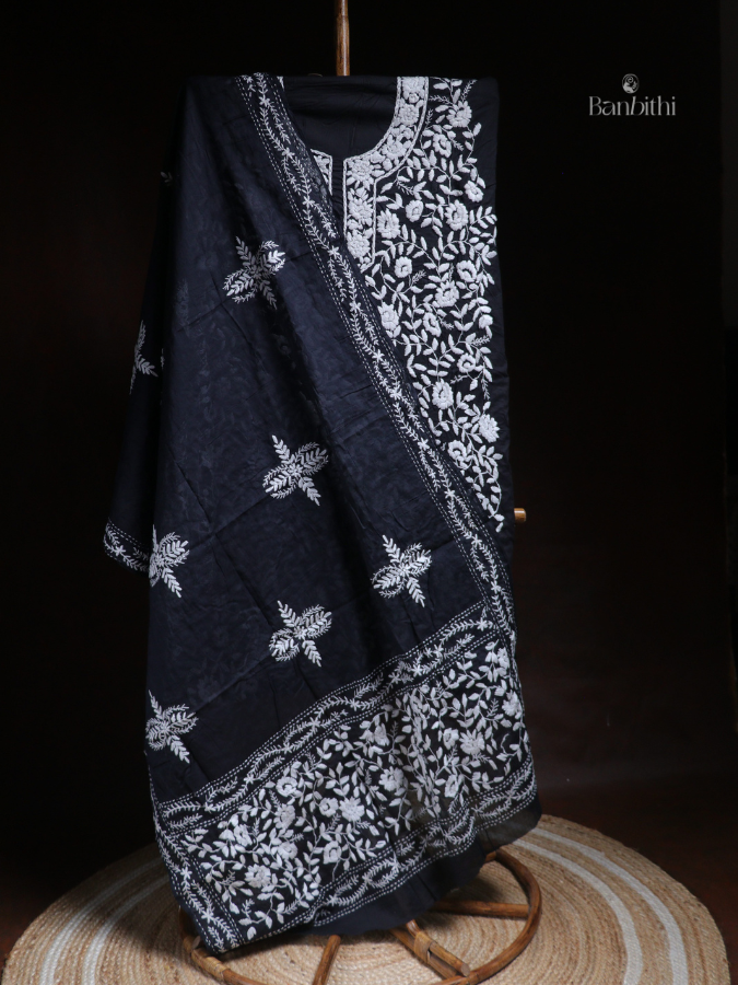 Hand Embroidered Cotton Suit Set – 3 Pcs Black and White (Variant 1)