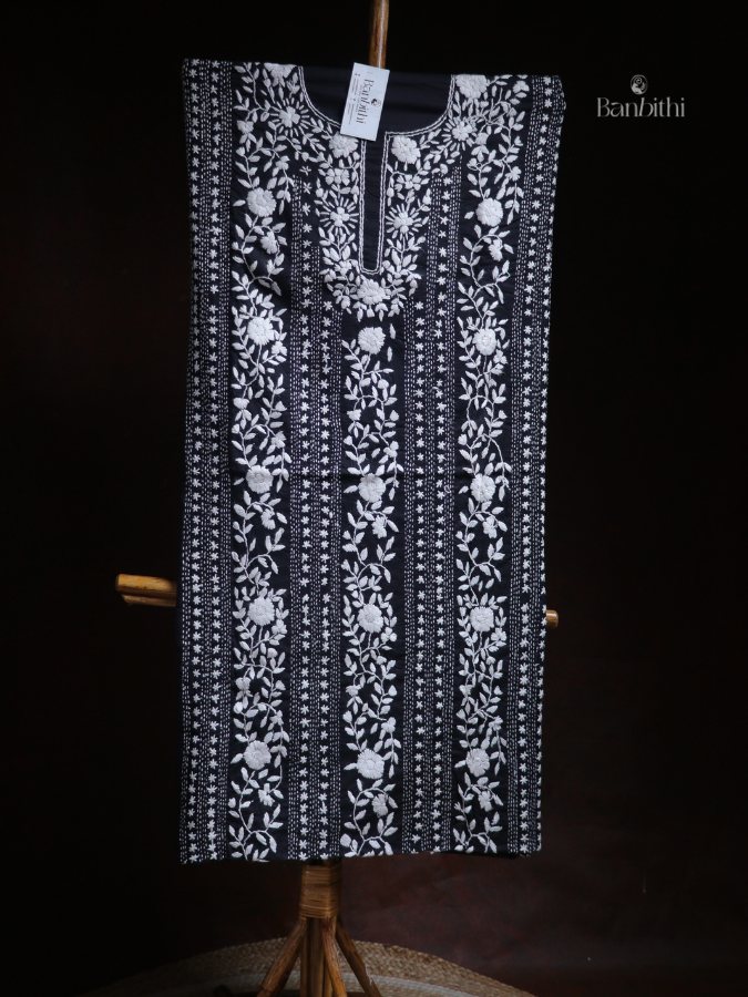 Hand Embroidered Cotton Suit Set – 3 Pcs Black and White