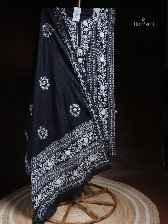 Hand Embroidered Cotton Suit Set – 3 Pcs Black and White