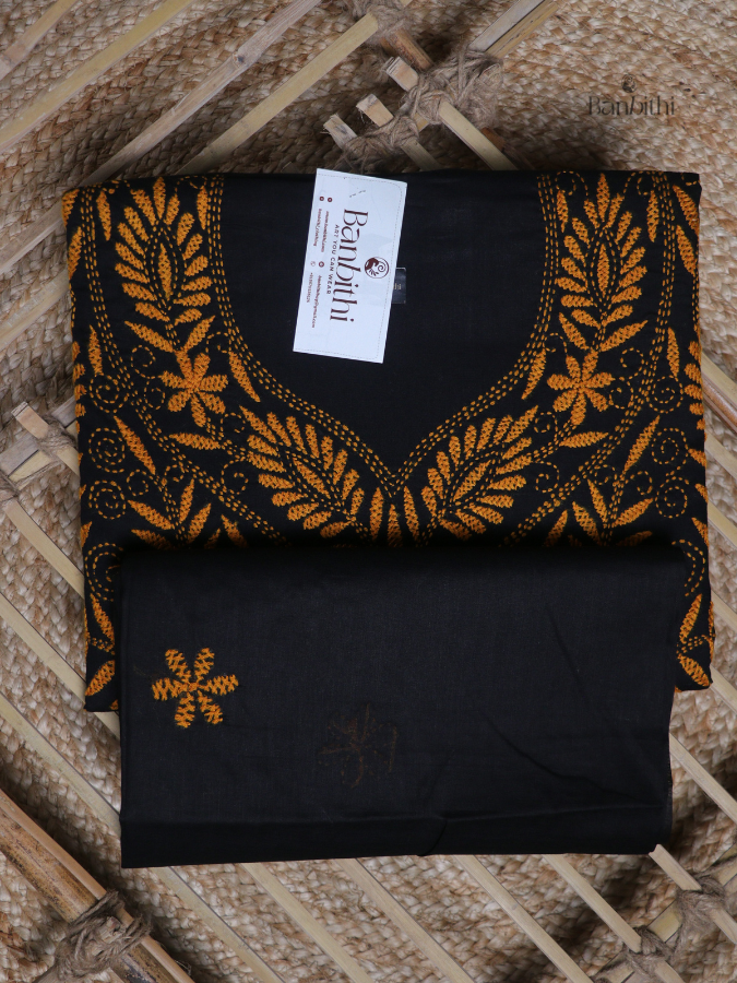 Hand Embroidered Cotton Suit Set – 3 Pcs Black and Golden