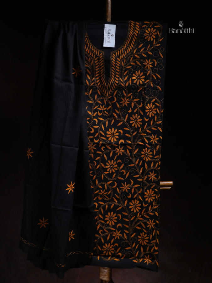 Hand Embroidered Cotton Suit Set – 3 Pcs Black and Golden (Variant 1)