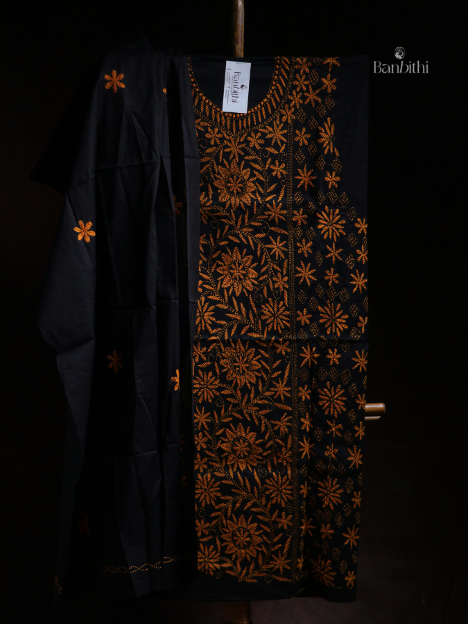 Hand Embroidered Cotton Suit Set – 3 Pcs Black and Golden