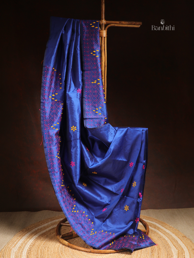 Hand Embroidered Saree – Blue with Pink & Yellow Thread