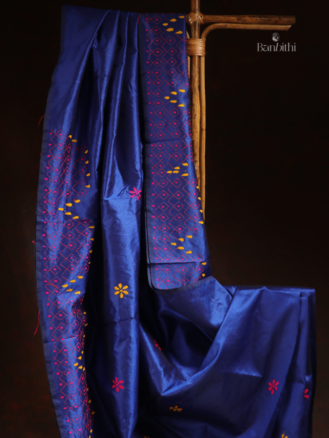 Hand Embroidered Saree – Blue with Pink & Yellow Thread