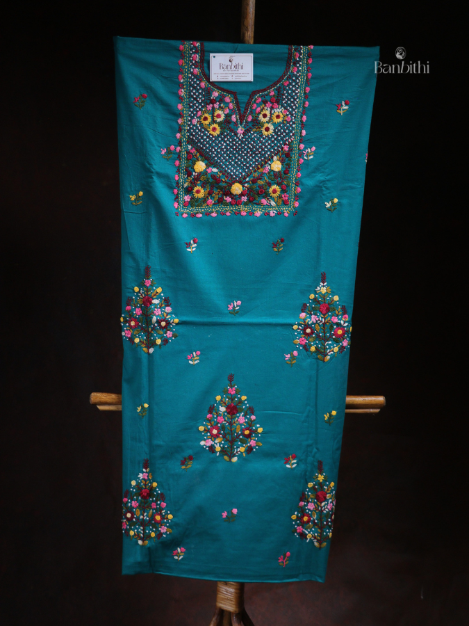 Hand Embroidered Cotton Suit Set – 3 Pcs Blue Bullion