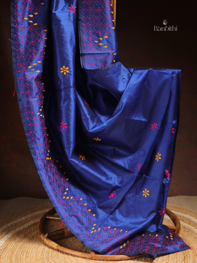Hand Embroidered Saree – Blue with Pink & Yellow Thread