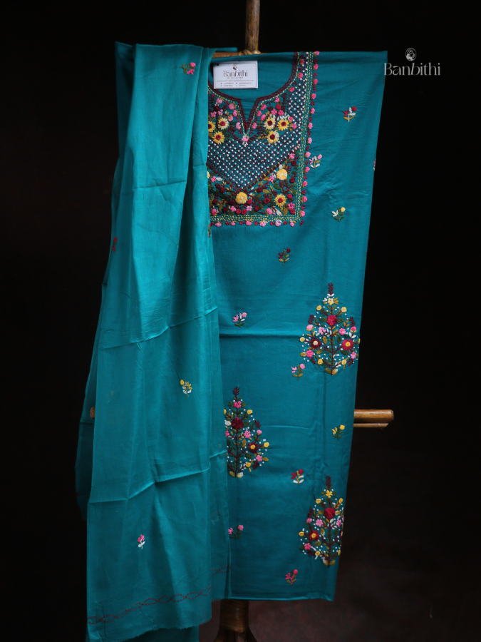 Hand Embroidered Cotton Suit Set – 3 Pcs Blue Bullion