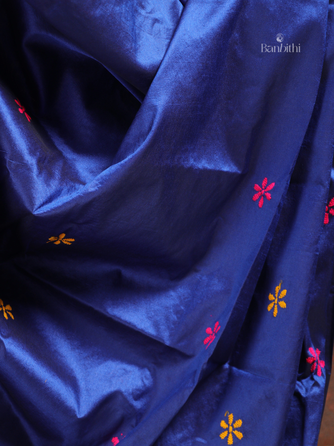 Hand Embroidered Saree – Blue with Pink & Yellow Thread