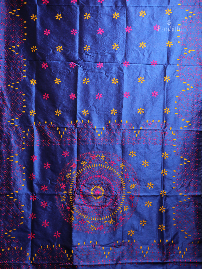 Hand Embroidered Saree – Blue with Pink & Yellow Thread