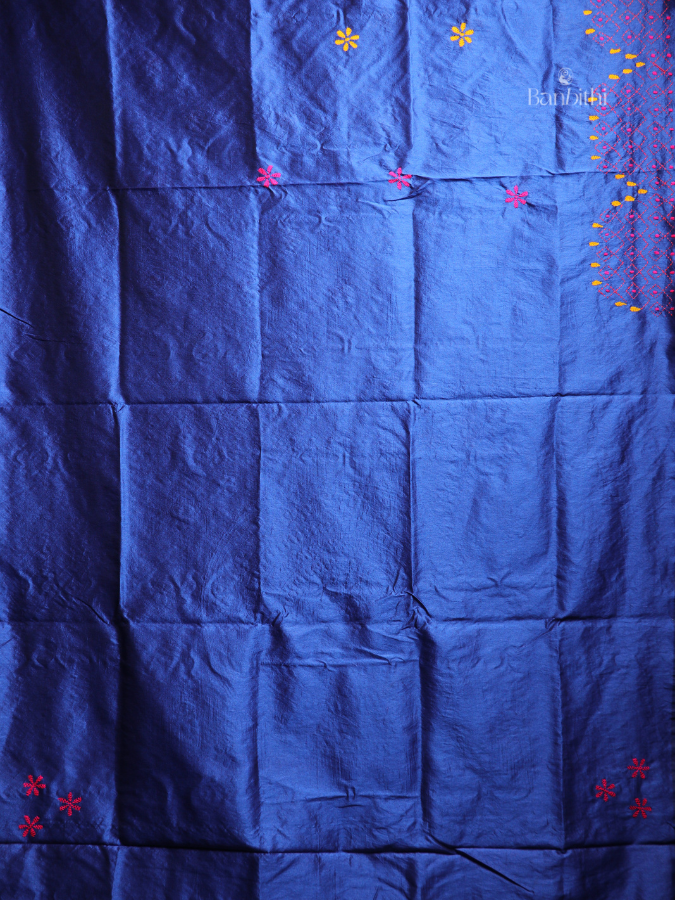 Hand Embroidered Saree – Blue with Pink & Yellow Thread