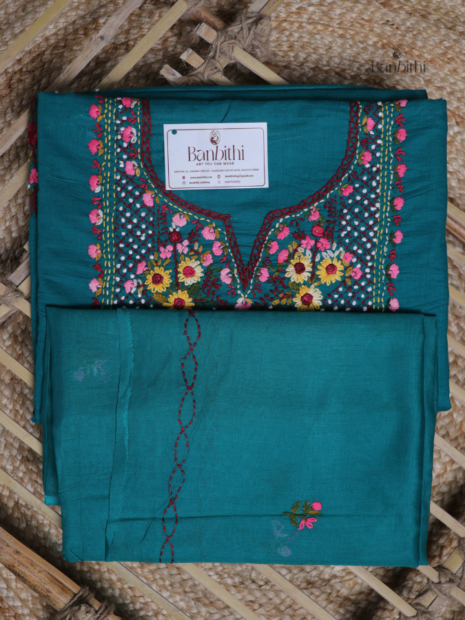 Hand Embroidered Cotton Suit Set – 3 Pcs Blue Bullion