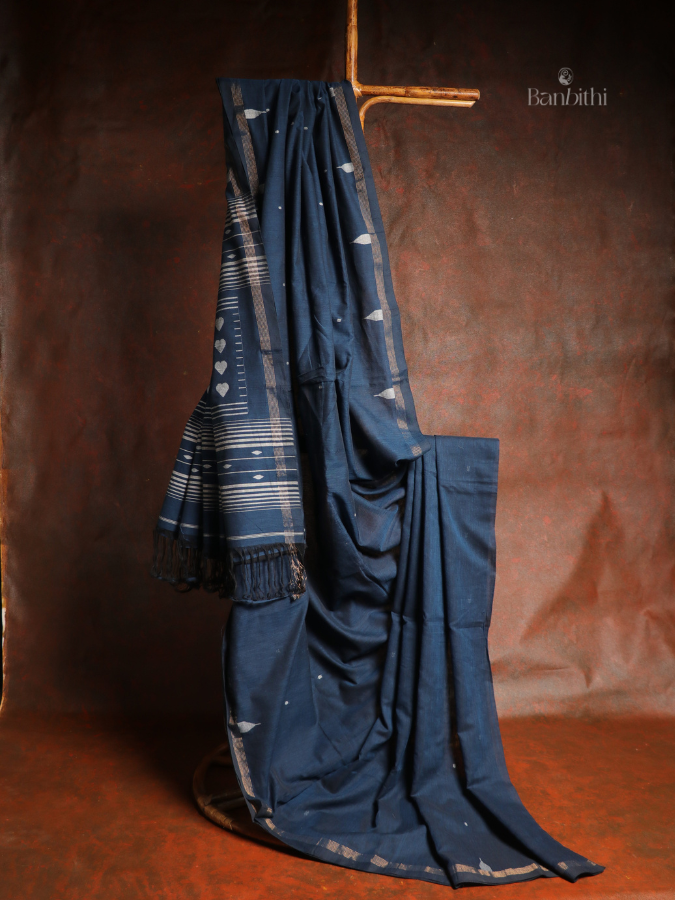 Pure Cotton Hand-Spun Jamdani Saree – Blue Paan