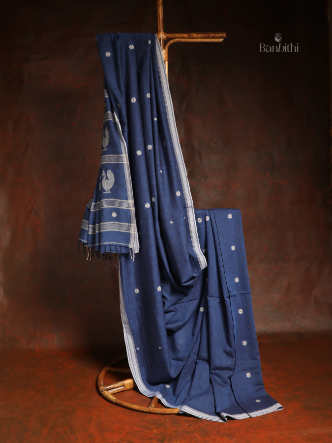 Pure Cotton Hand-Spun Jamdani Saree – Blue Mayur