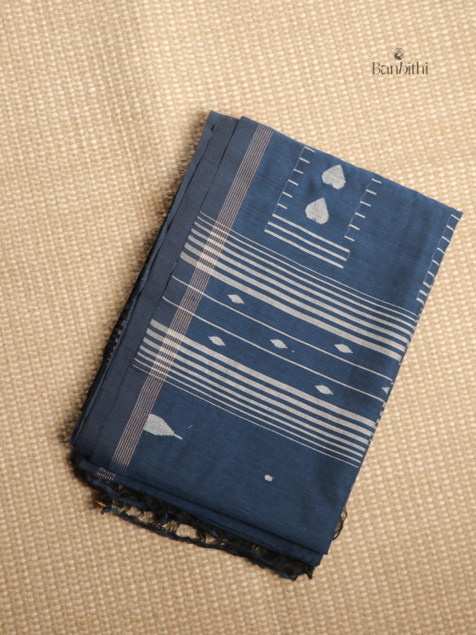 Pure Cotton Hand-Spun Jamdani Saree – Blue Paan