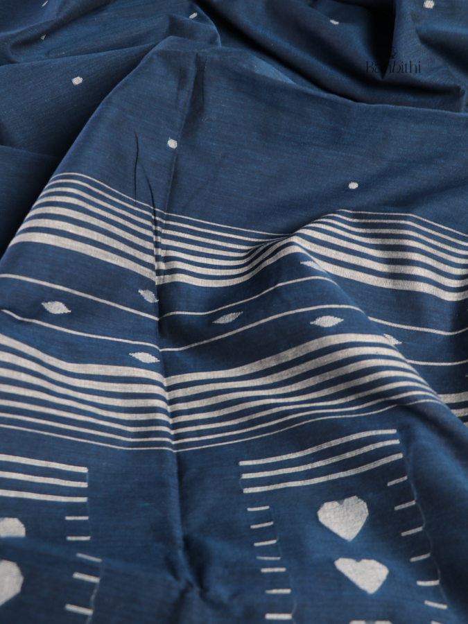 Pure Cotton Hand-Spun Jamdani Saree – Blue Paan