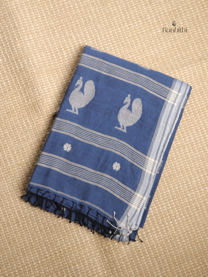 Pure Cotton Hand-Spun Jamdani Saree – Blue Mayur