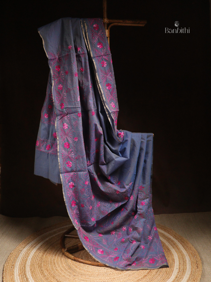 Hand Embroidered Sico Chanderi Saree – Bluish Grey with Pink Thread
