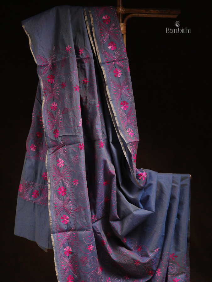 Hand Embroidered Sico Chanderi Saree – Bluish Grey with Pink Thread