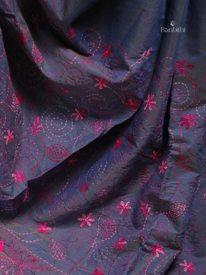 Hand Embroidered Sico Chanderi Saree – Bluish Grey with Pink Thread