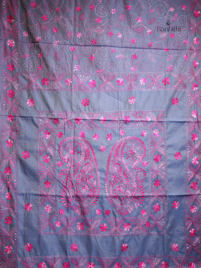 Hand Embroidered Sico Chanderi Saree – Bluish Grey with Pink Thread
