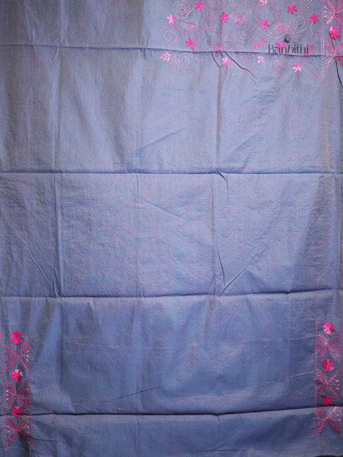 Hand Embroidered Sico Chanderi Saree – Bluish Grey with Pink Thread