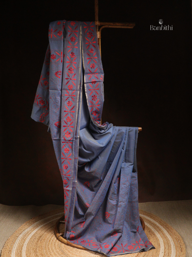 Hand Embroidered Sico Chanderi Saree – Bluish Grey with Red Thread