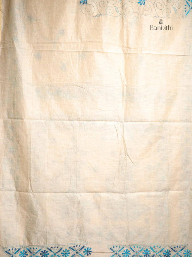 Hand Embroidered Sico Chanderi Saree – Off White with Blue Thread (Variant II)