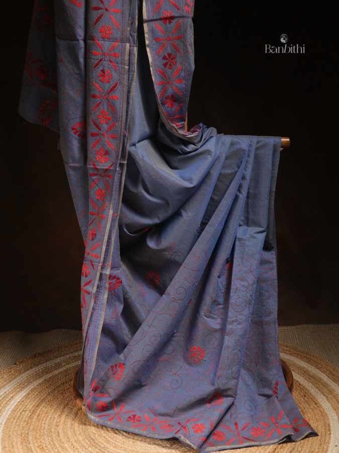 Hand Embroidered Sico Chanderi Saree – Bluish Grey with Red Thread