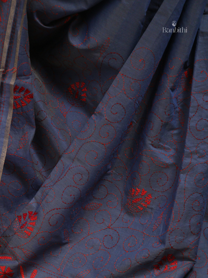 Hand Embroidered Sico Chanderi Saree – Bluish Grey with Red Thread