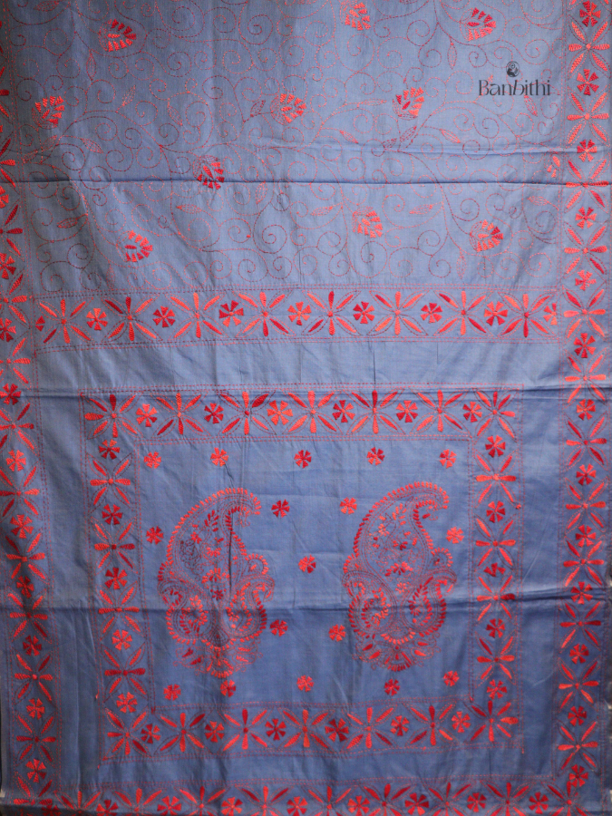 Hand Embroidered Sico Chanderi Saree – Bluish Grey with Red Thread