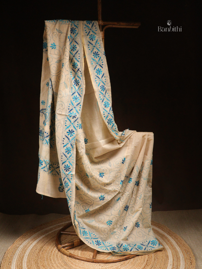 Hand Embroidered Sico Chanderi Saree – Off White with Blue Thread (Variant II)