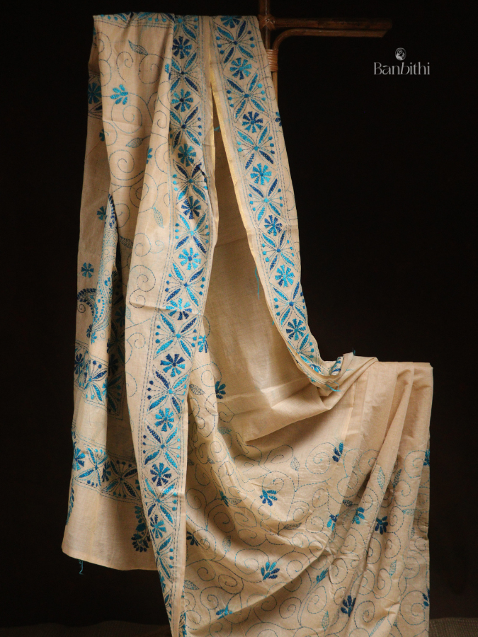 Hand Embroidered Sico Chanderi Saree – Off White with Blue Thread (Variant II)