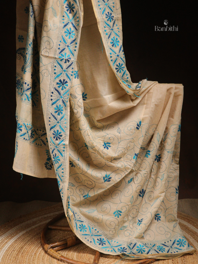 Hand Embroidered Sico Chanderi Saree – Off White with Blue Thread (Variant II)