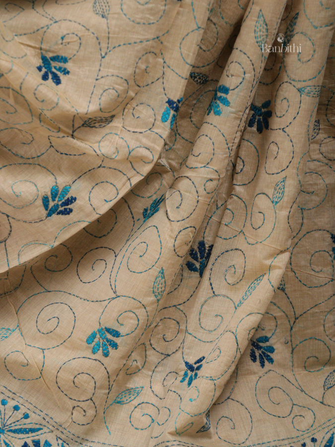Hand Embroidered Sico Chanderi Saree – Off White with Blue Thread (Variant II)