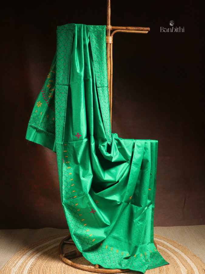 Hand Embroidered Saree – Green with Red & Yellow Thread