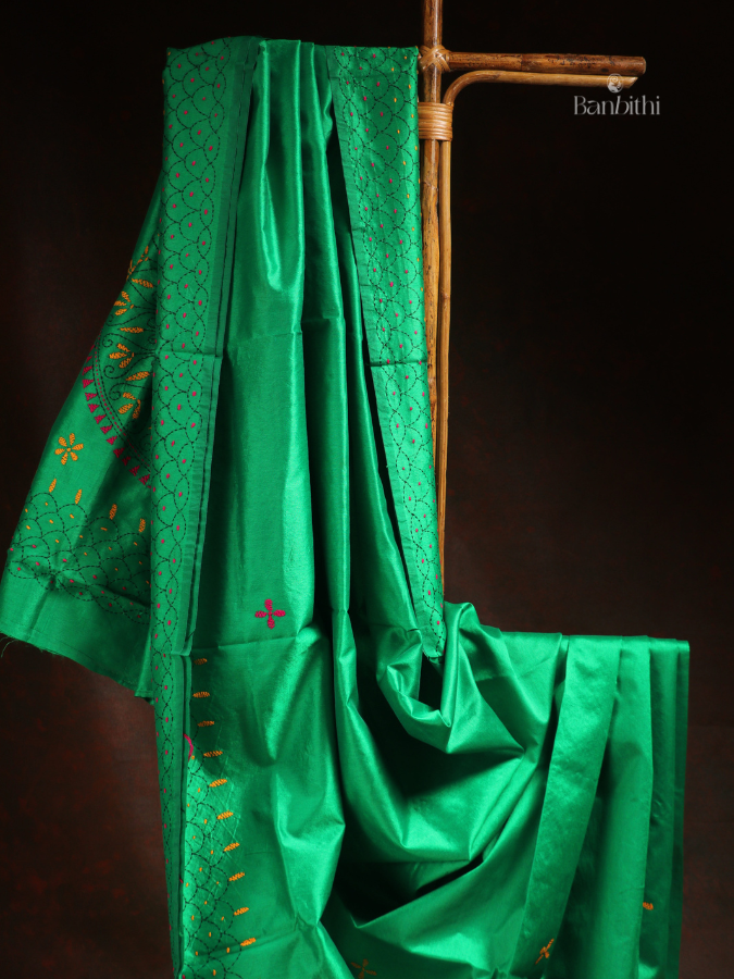 Hand Embroidered Saree – Green with Red & Yellow Thread