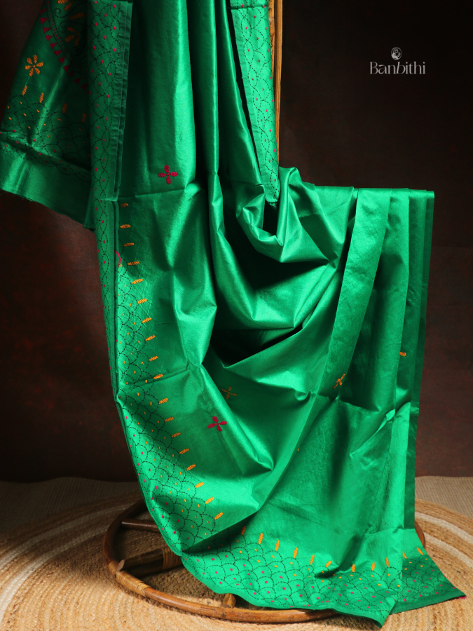 Hand Embroidered Saree – Green with Red & Yellow Thread