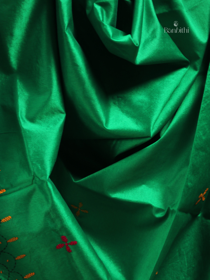Hand Embroidered Saree – Green with Red & Yellow Thread