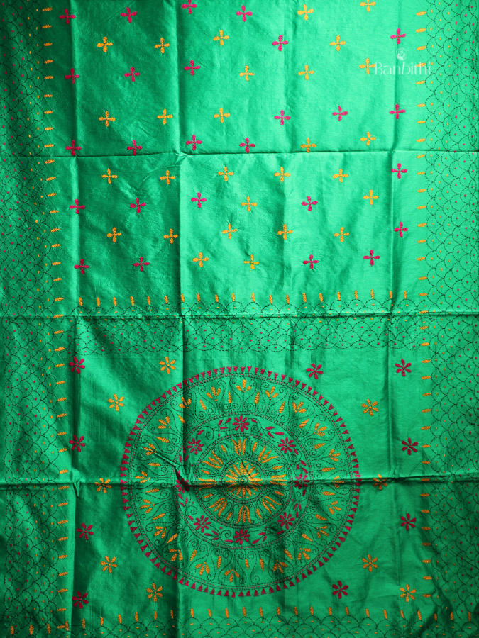 Hand Embroidered Saree – Green with Red & Yellow Thread