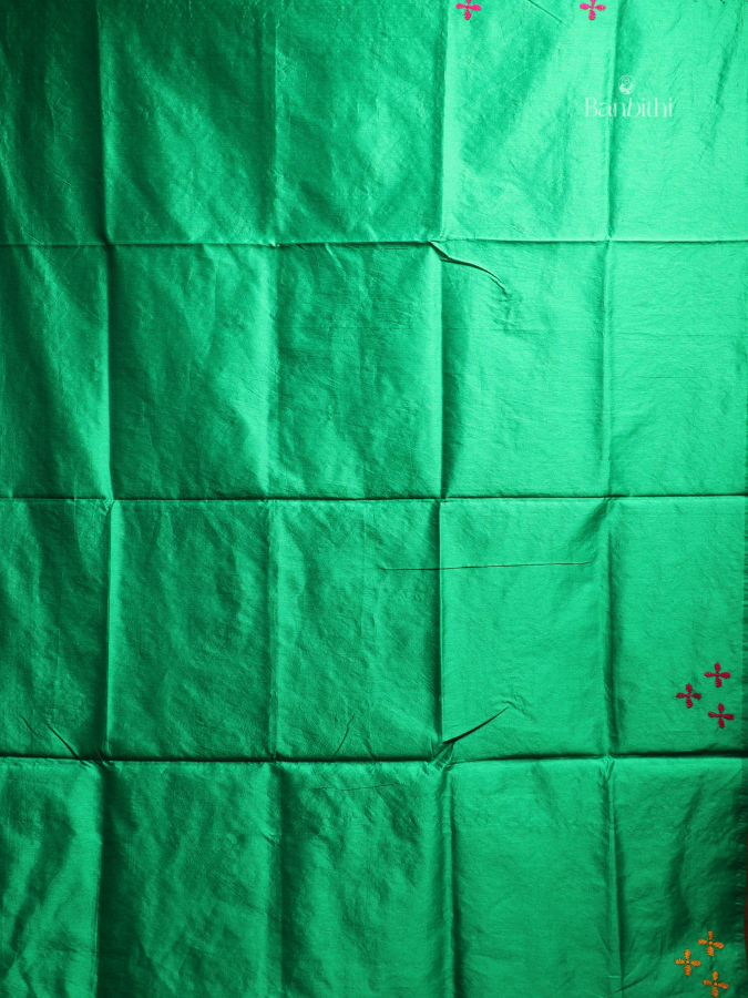Hand Embroidered Saree – Green with Red & Yellow Thread