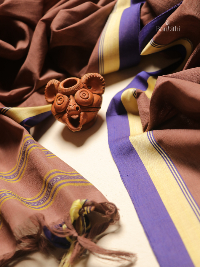 Pure Cotton Handwoven Dhaniakhali Saree – Brown