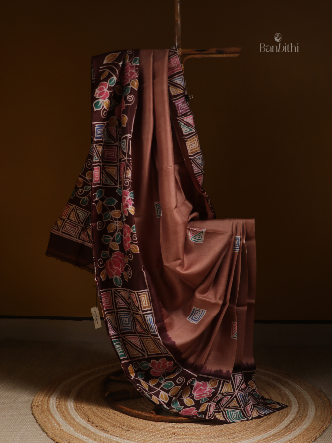 Hand-Painted Murshidabad Silk Saree – Classic Brown Heritage