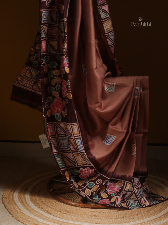 Hand-Painted Murshidabad Silk Saree – Classic Brown Heritage