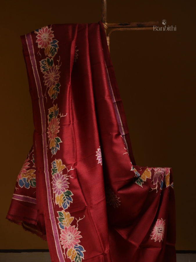 Hand-Painted Murshidabad Silk Saree – Royal Red Statement